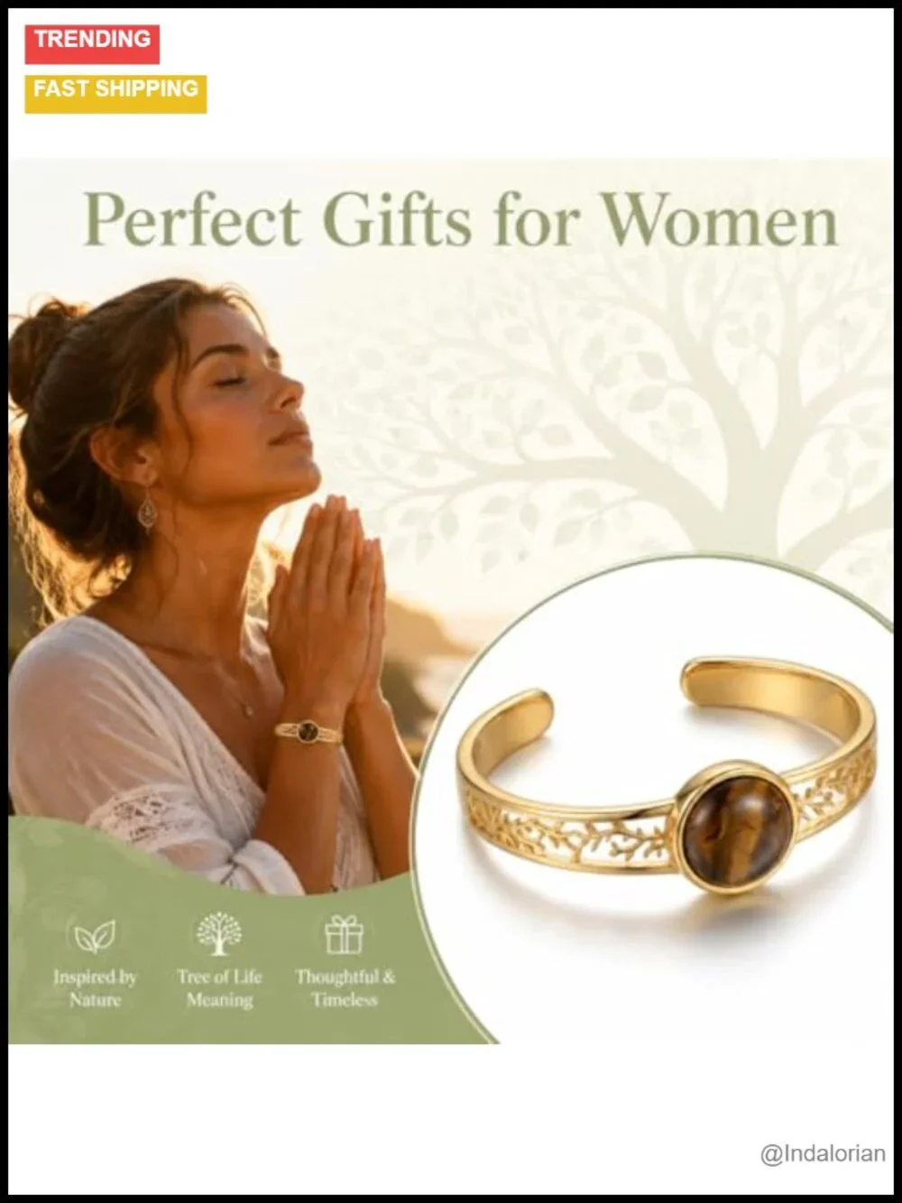 Tiger Eye Tree of Life Cuff Bracelet 14k Gold Plated Open Bangle